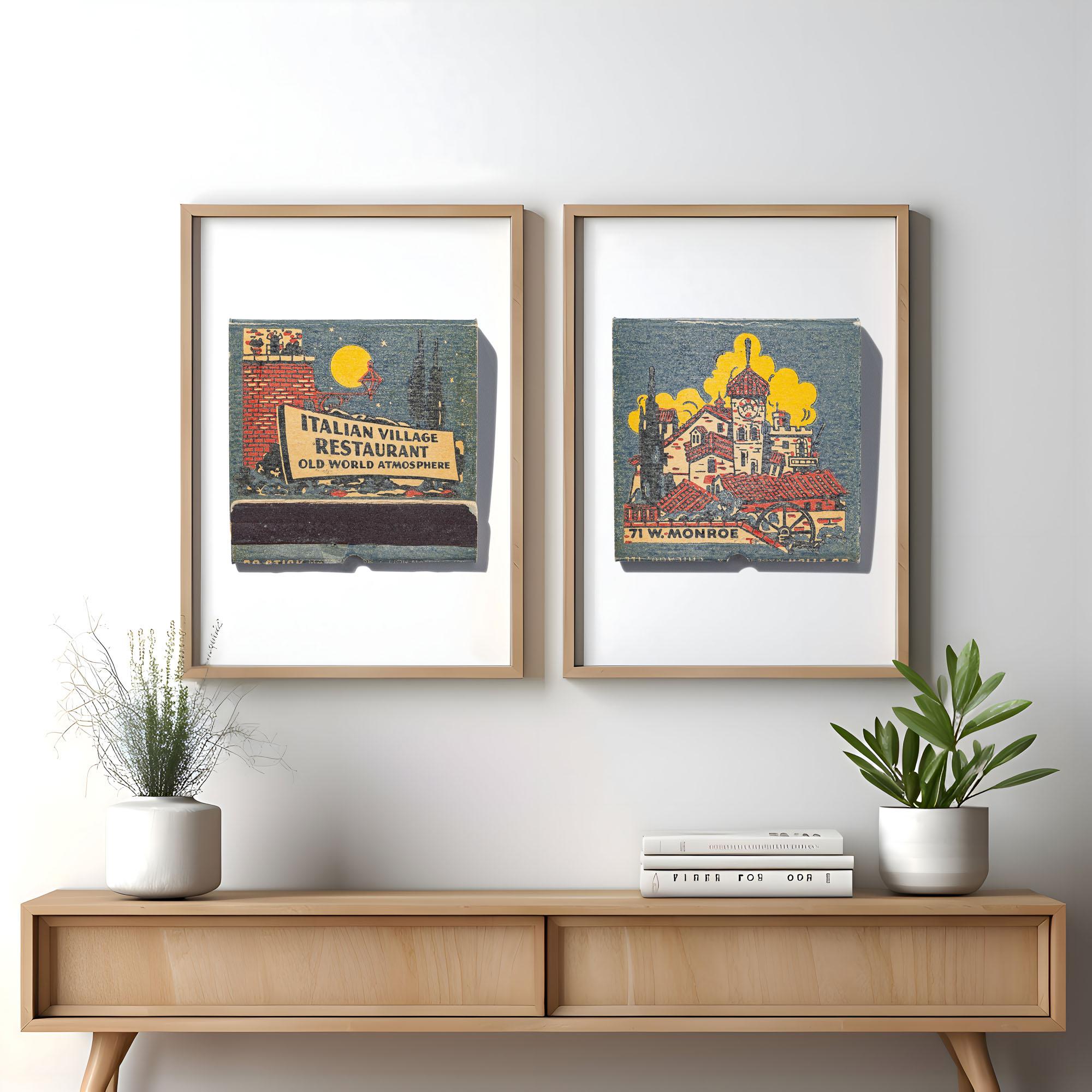 Italian Village Restaurant matchbook prints, framed