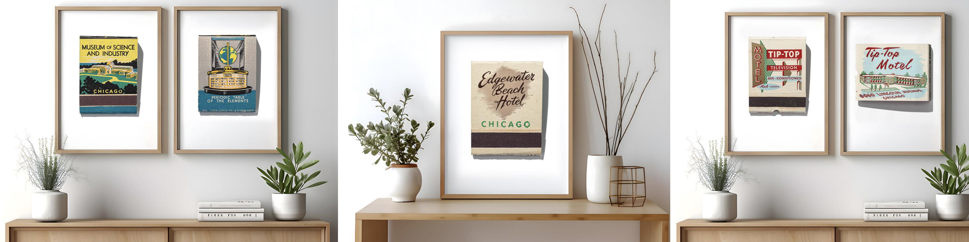 Framed matchbook prints for Museum of Science and Industry, Edgewater Beach Hotel, and Tip-Top Motel, on a gallery wall