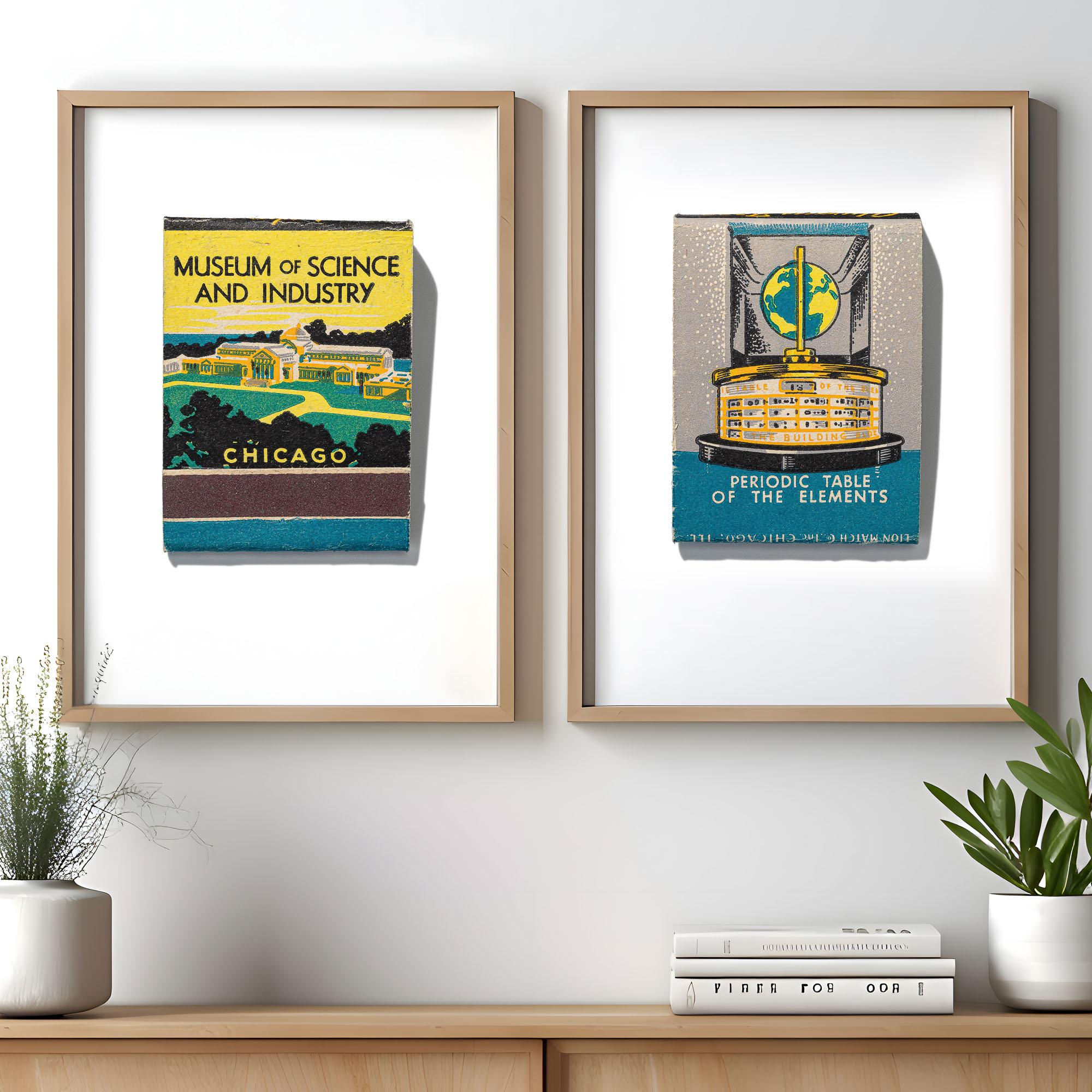 Museum of Science and Industry and Periodic Table of the Elements matchbook prints, framed
