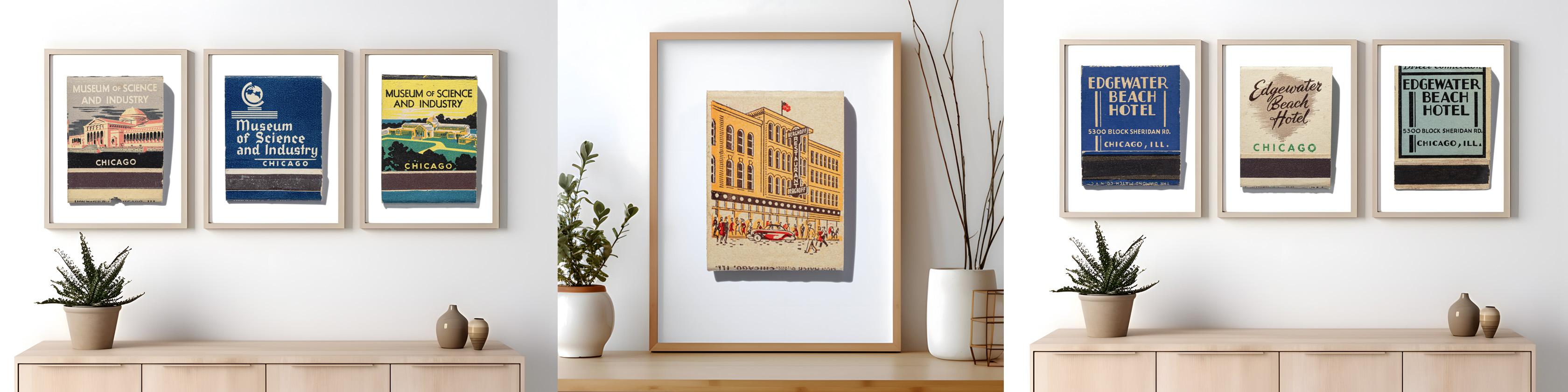 Framed matchbook prints for Museum of Science and Industry, Berghoff Restaurant, and Edgewater Beach Hotel, on a gallery wall
