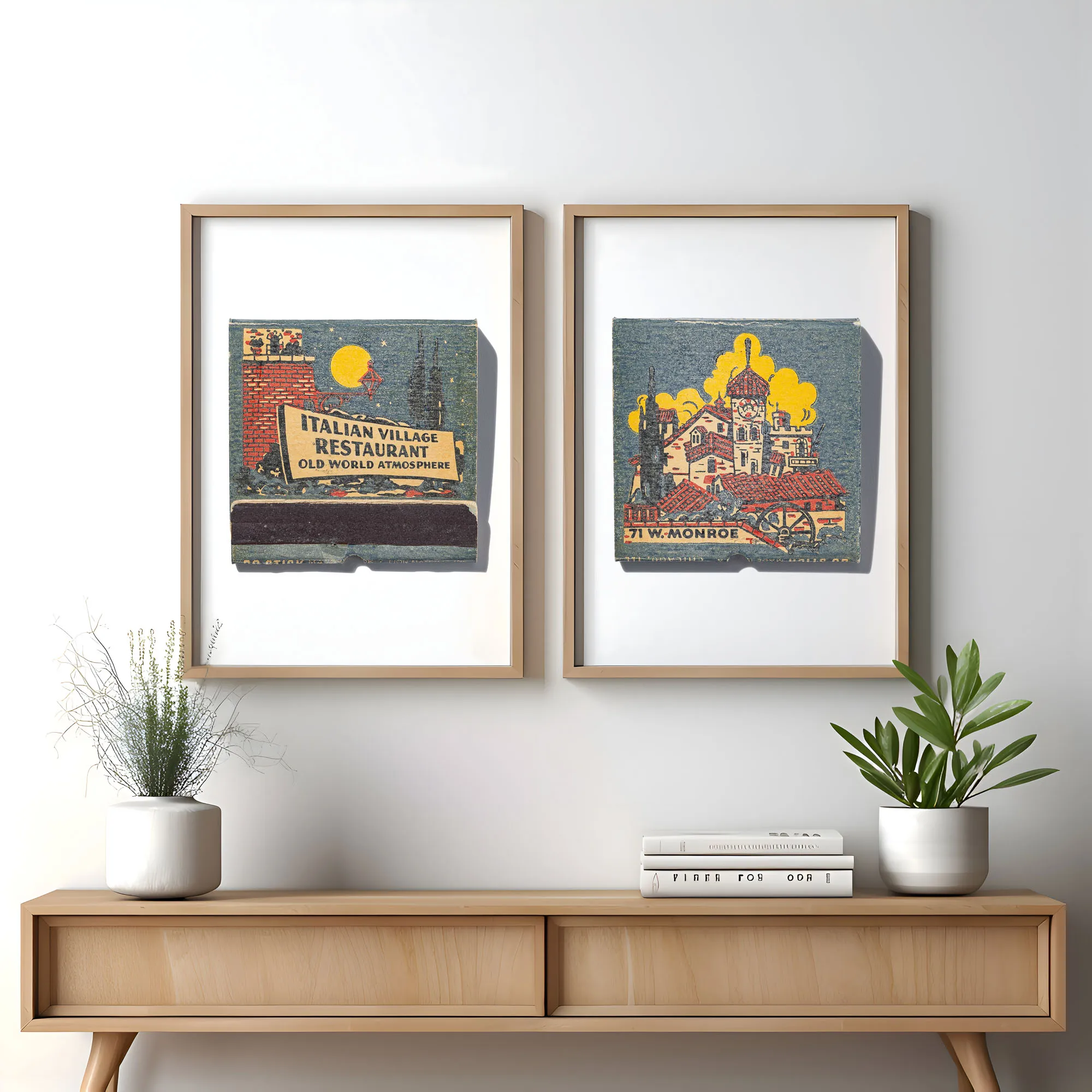 Chicago restaurant wall art: Italian Village Restaurant matchbook prints, framed