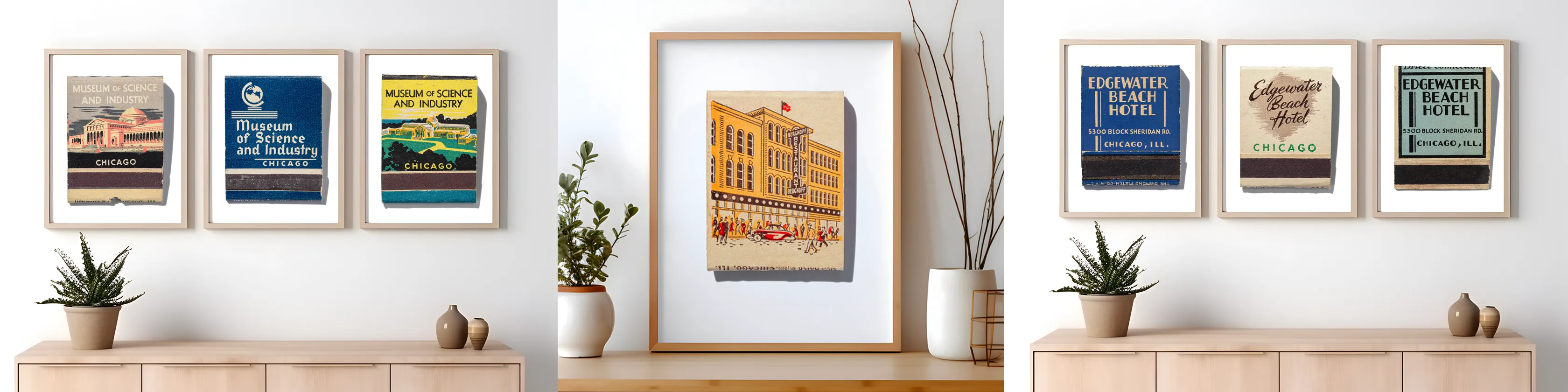 Framed matchbook prints for Museum of Science and Industry, Berghoff Restaurant, and Edgewater Beach Hotel, on a gallery wall